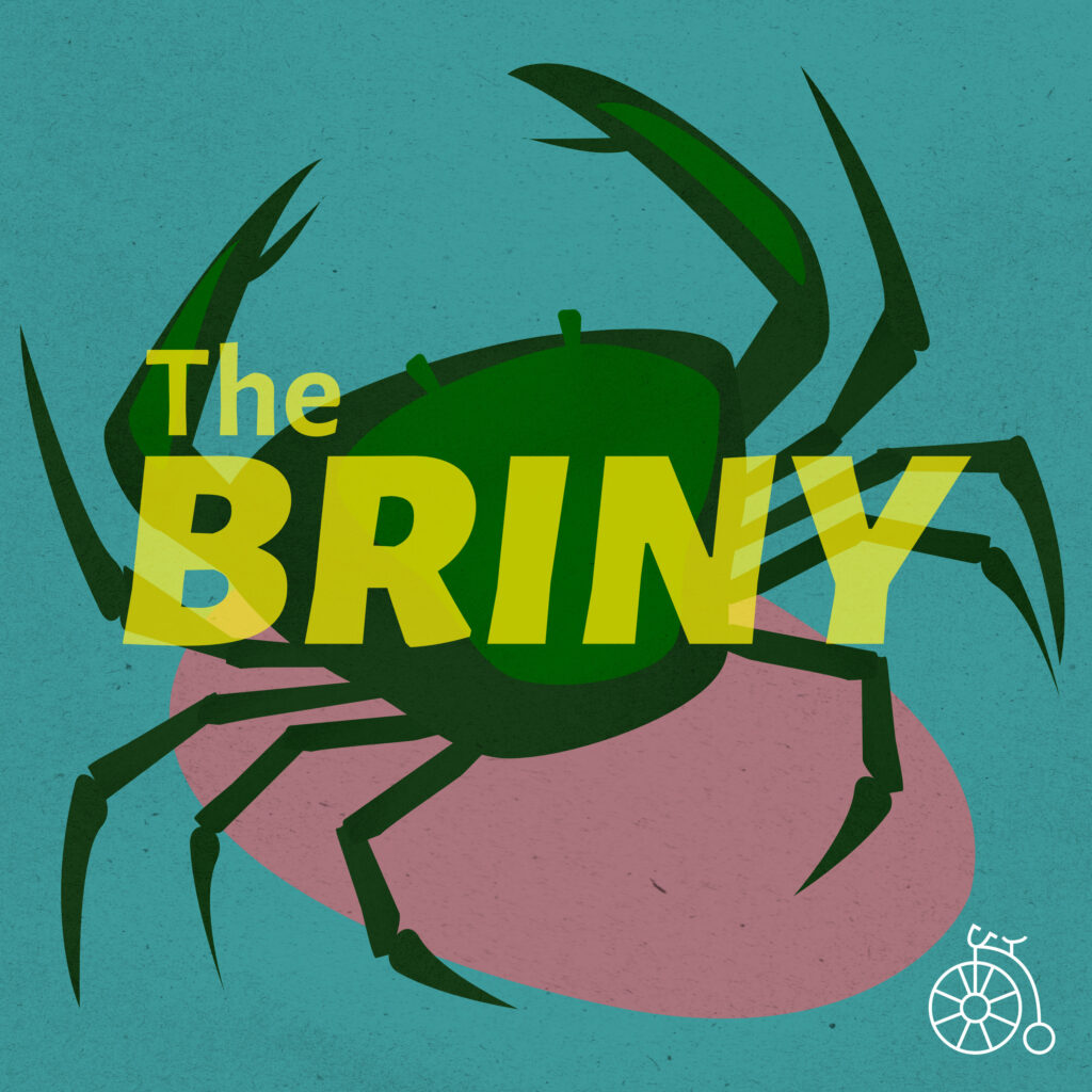 Logo for The Briny podcast, showing a dark green crab against a pink and teal background
